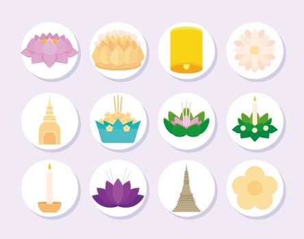 twelve loy krathong items vector
