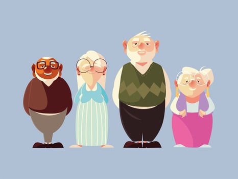 senior people, funny grandfathers and grandmothers cartoon vector