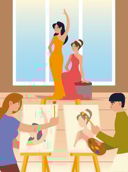 painter woman and man in studio with canvas and brush with models female, paint class vector