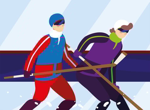 men playing hockey, hockey players with hockey stick, ice hockey puck vector