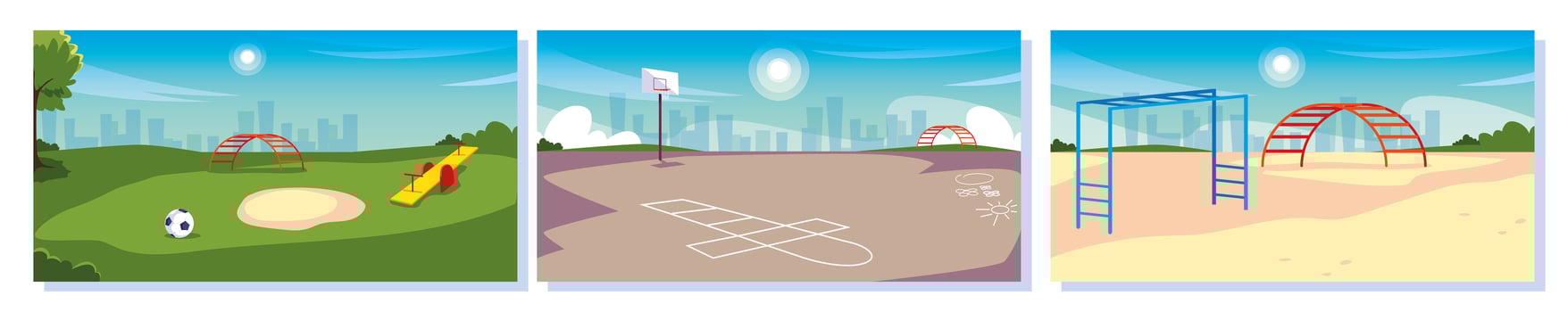 set of kids playgrounds with landscape of city vector