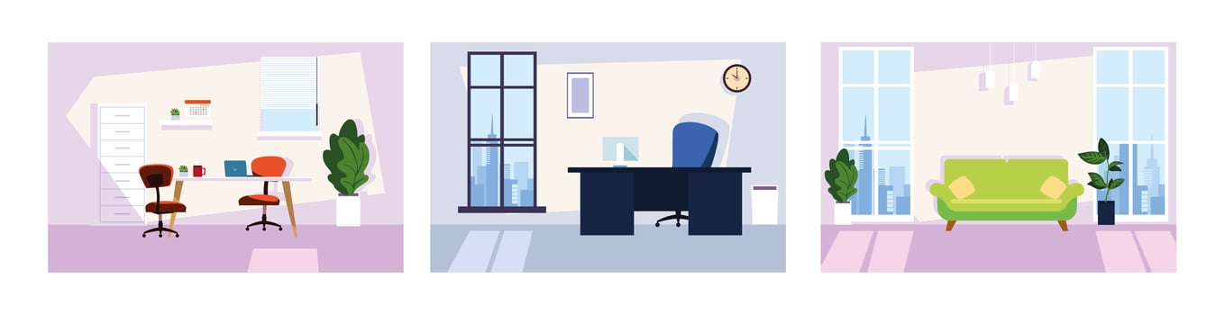 office rooms set , room interiors with office tables, chairs and office supplies vector