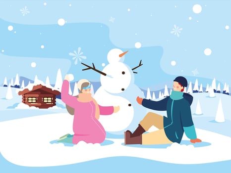 couple of people with snowman in winter landscape vector