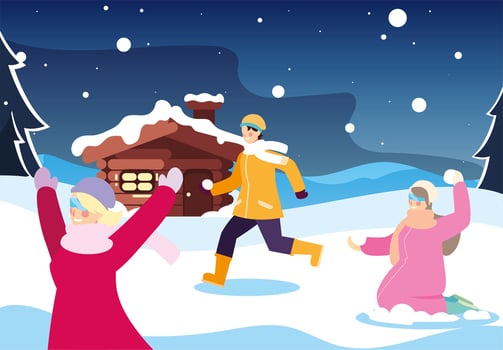 group of people with winter landscape and family house vector
