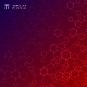 Abstract geometric technology hexagon with dots lines connection blue and red gradient background. vector