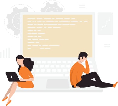 Girl sitting with a laptop and the boy wih hand on his head try to manage the web. vector