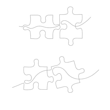 Continuous one line drawing pieces puzzle on white background. Vector hand drawn illustration.