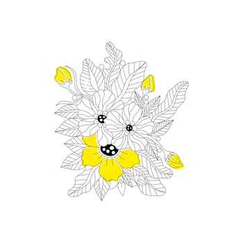 Outline doodle bohemian yellow flowers in black and white for adult coloring books, monocrome floral vector pattern.