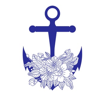 Blue anchor with doodle bohemian outline flowers, isolated on white background, marine concept. Hand drawn vector illustration in vintage style.