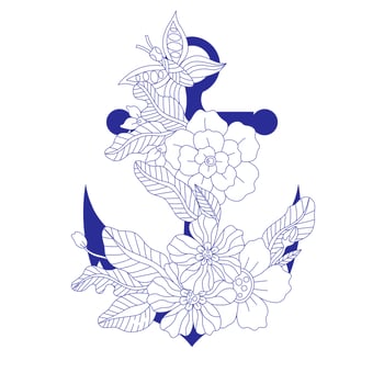 Blue anchor decorated with doodle bohemian outline flowers, isolated on white background, marine concept. Hand drawn vector illustration in vintage style.