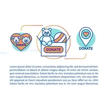 Charity concept linear illustration. Donation. Charity for kids. Article, brochure, magazine page. Animal welfare. Thin line icons with text boxes. Print design. Vector isolated outline drawing