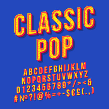 Classic pop vintage 3d vector lettering. Retro bold font, typeface. Pop art stylized text. Old school style letters, numbers, symbols, elements pack. 90s, 80s poster, banner. Blue color background