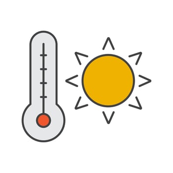 Summer heat color icon. Rising sun with thermometer. Summer weather. Isolated vector illustration