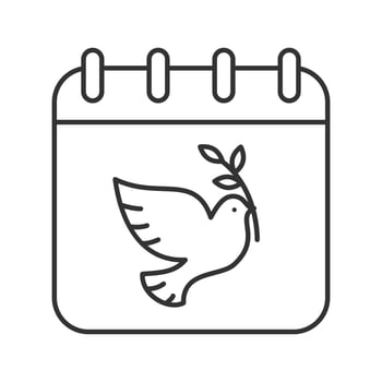 Peace Day linear icon. Thin line illustration. Calendar page with dove and olive branch contour symbol. Vector isolated outline drawing