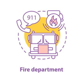 Fire department concept icon. Firefighting idea thin line illustration. Fire emergency call, truck, alarm. Vector isolated outline drawing