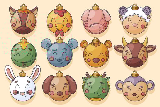 Christmas balls as 12 Chinese traditional zodiac animals vector