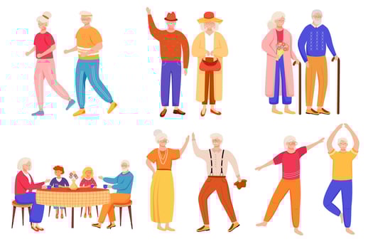 Retired people flat vector illustrations set. Senior age family romantic pastime. Healthy lifestyle. Old couple spends time together. Pensioners isolated cartoon characters