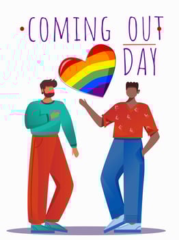 Coming out day poster vector template. Multinational friends. LGBT community. Gay pride brochure, cover, booklet page concept design, flat illustrations. Advertising flyer, leaflet, banner layout idea