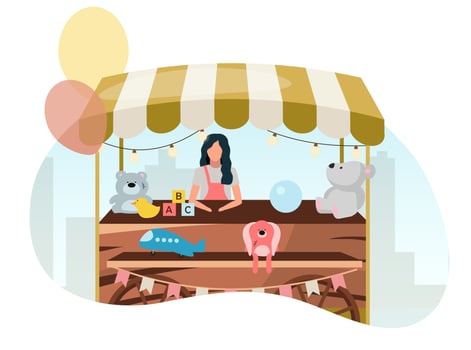 Vendor selling toys at street market wooden cart flat illustration. Retro fair store stall on wheels. Trade trolley with craft toys. Summer festival, carnival outdoor shop seller cartoon character vector
