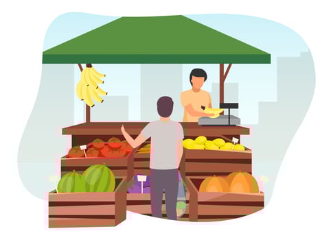 Fruits and vegetables market stall with seller flat illustration. Man buying farm products, eco and organic food at trade tent with wooden crates. Summer market stand, grocery outdoor street shop vector