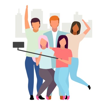 Friends taking selfie flat vector illustration. People group making photo with phone and monopod cartoon characters. Best friends forever. Friendship concept. Girls and guys spending time together