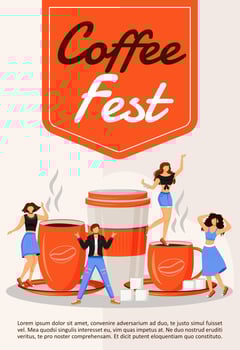 Coffee fest poster flat vector template. Community fair. Entertainment event. Local food party. Brochure, booklet one page concept design with cartoon characters. Fairground flyer, leaflet