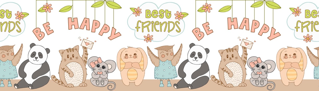 Hand drawn cute animals with lettering. Cat, Panda, Bunny with striped ears and a belly, Mouse with a pink bow and a heart, Owl in a blue dress with polka dots and boots. Be Happy. White background. vector