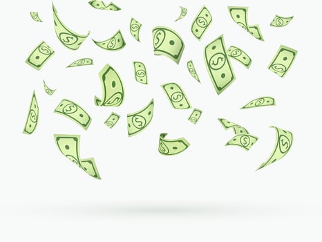 Many dollars currency falling down vector illustration. Isolated cartoon US paper money on white background.