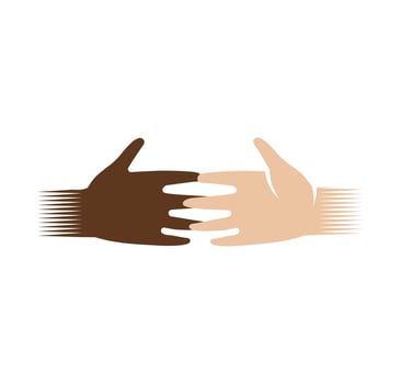 Isolated abstract dark and light skin human hands logo. White and black people touching fingers logotype.Equal rights sign. International friendship symbol. Charity campaign icon. Vector illustration.
