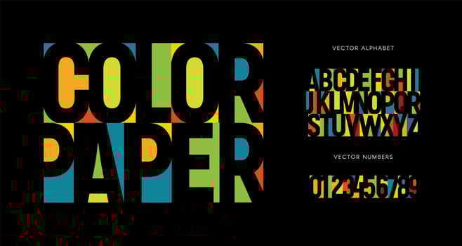 Colorful letters and numbers set. Colored vector latin alphabet. Rainbow color font. Color paper applique ABC, negative space monogram and poster template. Typography design.