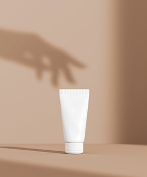 Cosmetic product display with elegant female hand shadow, color podium for skin care product presentation, 3d rendering photo