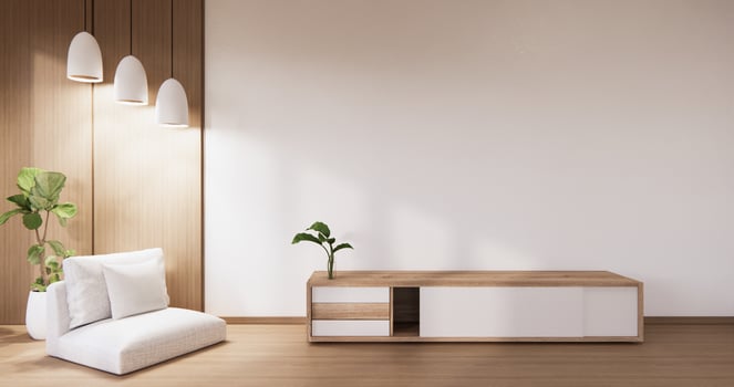 Cabinet in Living room with white  wall on white floor and armchair.3D rendering photo