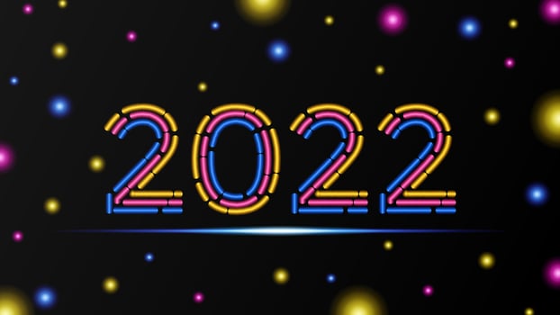Happy New Year 2022 Background Template. Holiday Vector Illustration of Neon Effect Numbers 2022. Realistic 3D Sign. Festive Poster or Banner Design. Modern Happy New Year Background