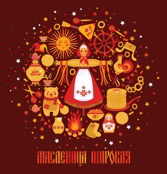 Vector set on the theme of the Russian holiday Carnival. Russian translation wide Shrovetide or Maslenitsa.