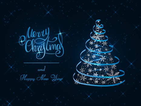Handwritten blue lettering on a dark background. Magic lush silver Christmas tree of snowflakes with a blue ribbon. Merry Christmas and Happy New Year 2022. vector