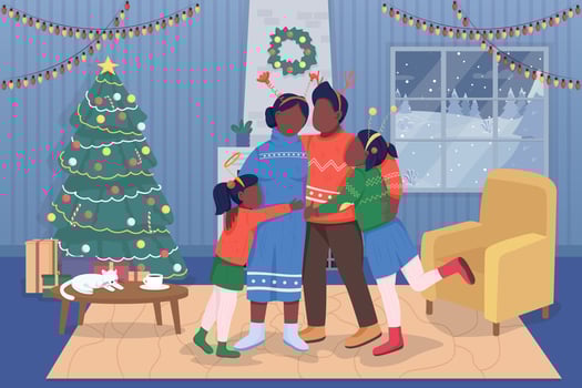 Winter holidays with family flat color vector illustration. Christmas eve at home. Decorated apartment for holidays. Kids hugging parents 2D cartoon characters with interior on background