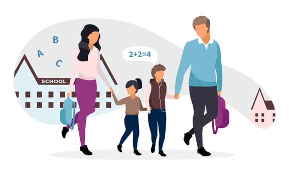Young parents taking children from school flat illustration. Family going home together talking and holding hands cartoon characters. Father and mother with two preteen kids. Schoolboy and schoolgirl vector