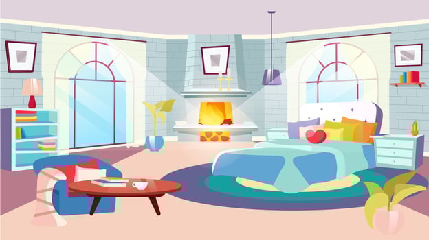 Bedroom interior at daytime flat vector illustration. Huge bed with decorative pillows, blanket in spacious room. Fireplace, stylized brick walls with bookshelves. Bedside tables with interior plants