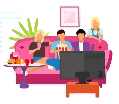 Friends together watching movie flat illustration. Guys and girls spending time, evening at home with TV cartoon characters. Students watch film. Best friends company sitting on sofa, eating snacks vector