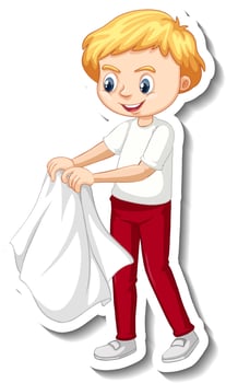 Sticker design with a boy take off his coat isolated vector