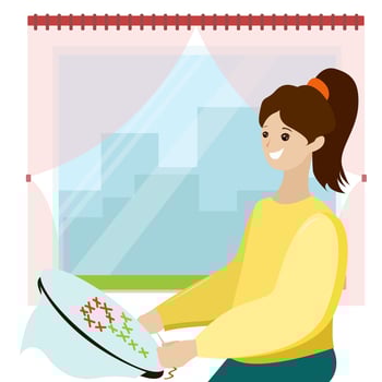 A girl embroiders a cross near the window vector