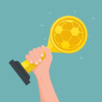 The Winners of Football Hand Holding Trophy. Vector illustration