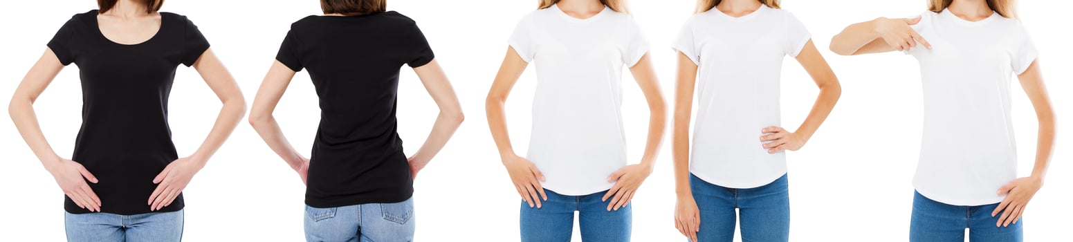 Woman In White And Black T Shirt Isolated Front And Rear Views Cropped image Blank T-shirt Options, Girl In Tshirt Set. Mock Up. Shirt Design And People Concept. photo