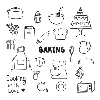 Baking doodles set. Hand drawn kitchen equipments. Vector illustration on white background.