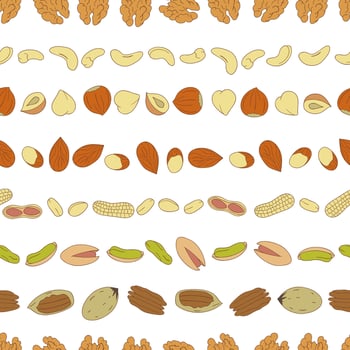 Vector seamless pattern of colored nuts. Repeat background with isolated bright hazel nut, walnut, pistachio, cashew, almond, pecan, peanut. Food horizontal ornament in cartoon or doodle style