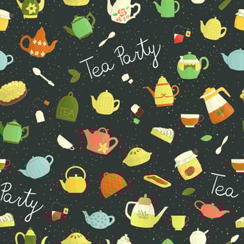 Vector seamless pattern of colorful teapots, pie, sandwich, jam jar. Bright tea repeat background. Colored kettles on dark background. Vintage textured doodle style backdrop. Tea party invitation