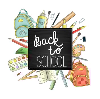 Bright colored stationery, writing materials, office or school supplies elements. Back to school advertisement or banner. Doodle style illustration of pen, pencil, ruler, glue, paint, brush, backpack vector