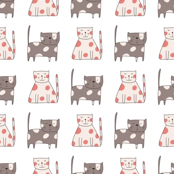 Seamless pattern cute funny cats. Endless background for printing. Hand-drawn childish flat vector illustration in doodle style.