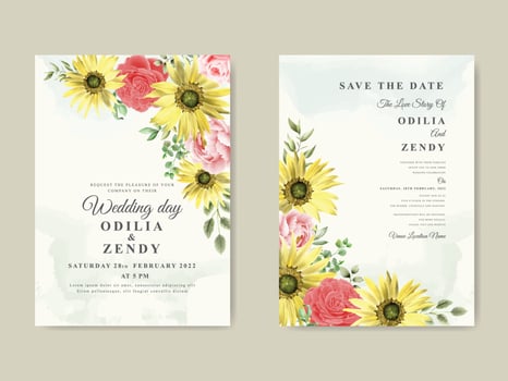 Elegant sunflower and rose watercolor wedding invitation template vector