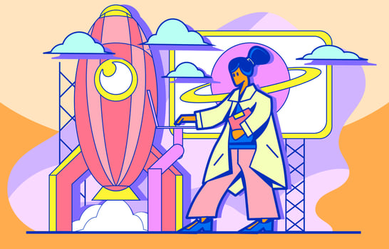 Women launching rocket for new technology vector